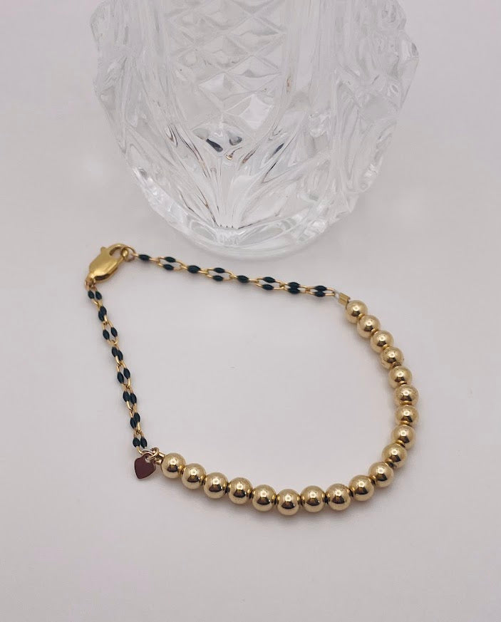 Gold-Filled Black Enamel Chain & Beaded Bracelet (6.5 inches)