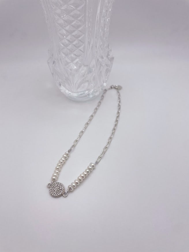 Sterling Silver Chain, Mother of Pearl and Sparkly Charm Bracelet (9.25 inches)