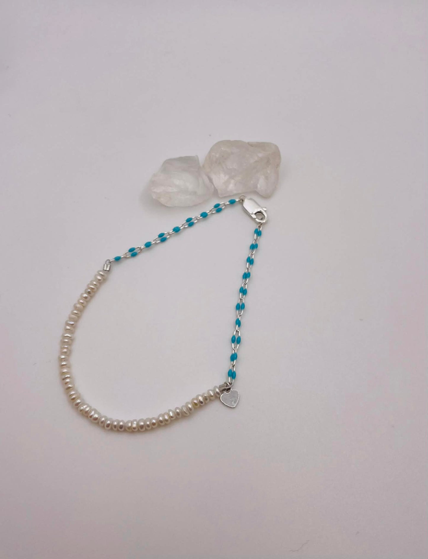 Sterling Silver Teal Enamel Chain & Mother of Pearl Beaded Bracelet (7.25 inches)