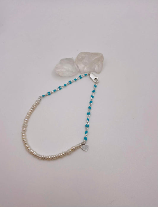 Sterling Silver Teal Enamel Chain & Mother of Pearl Beaded Bracelet (7.25 inches)