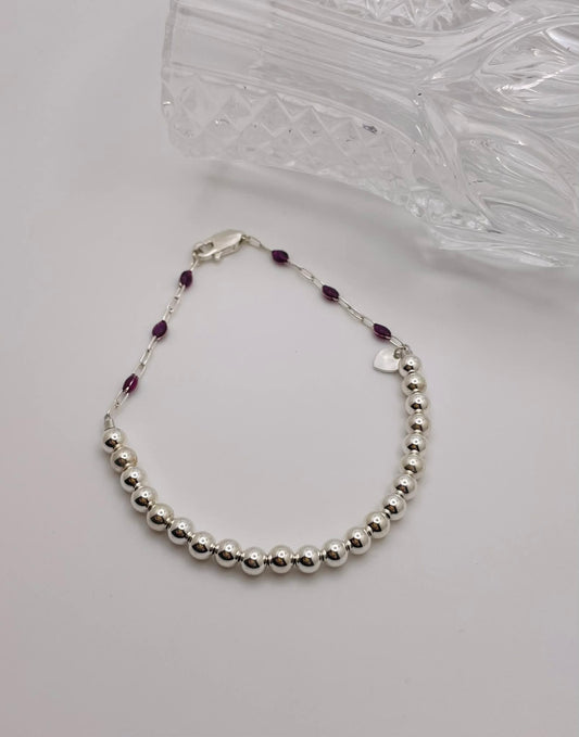 Sterling Silver Purple Enamel & Sterling Silver Beaded Bracelet (7 inches)