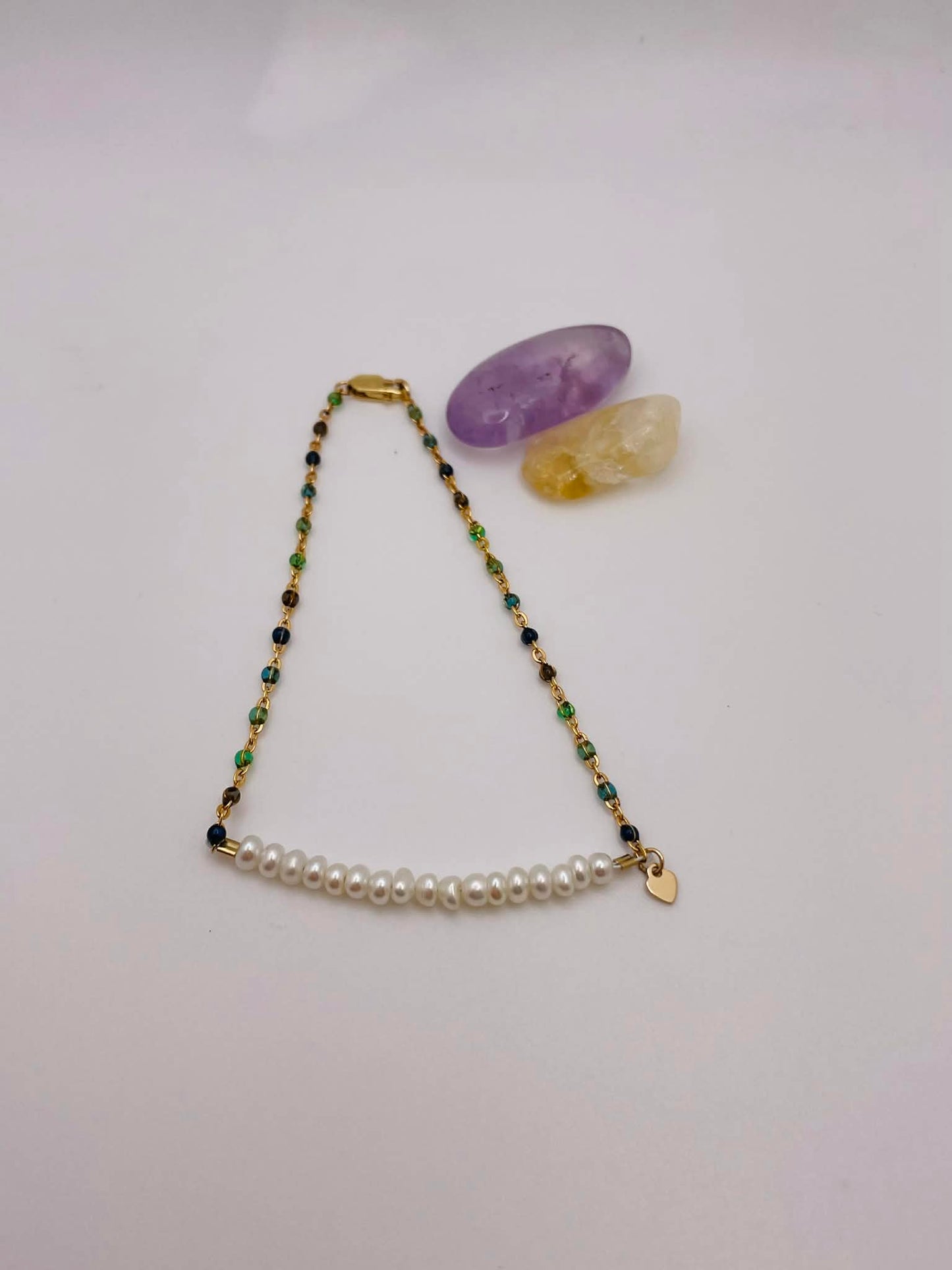 Gold‑Filled Ocean Enamel Chain & Mother of Pearl Beaded Bracelet (7.75 inches)