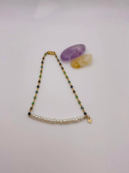 Gold‑Filled Ocean Enamel Chain & Mother of Pearl Beaded Bracelet (7.75 inches)