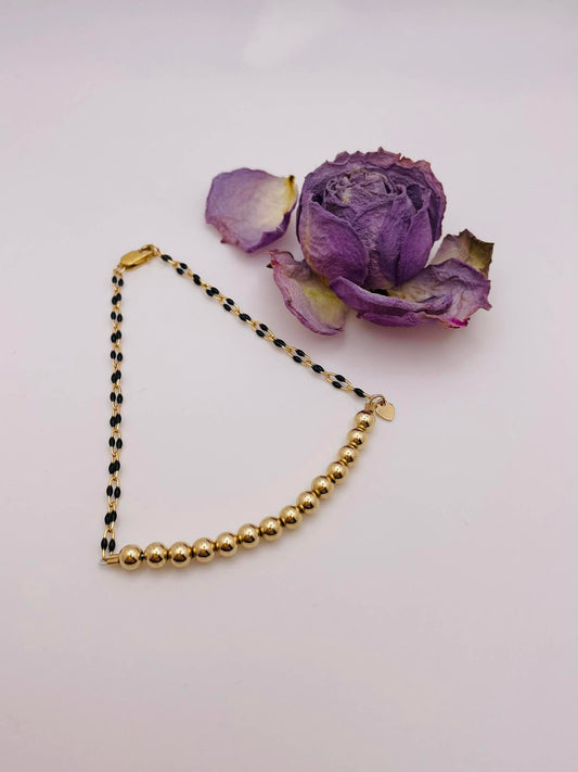 Gold‑Filled Black Enamel Chain & Beaded Bracelet (7.25 inches)