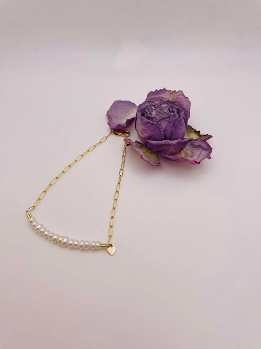 Gold‑Filled Paperclip Chain & Mother of Pearl Beaded Bracelet (7 inches)