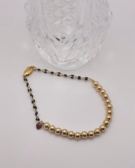 Gold-Filled Black Enamel Chain & Beaded Bracelet (6.5 inches)