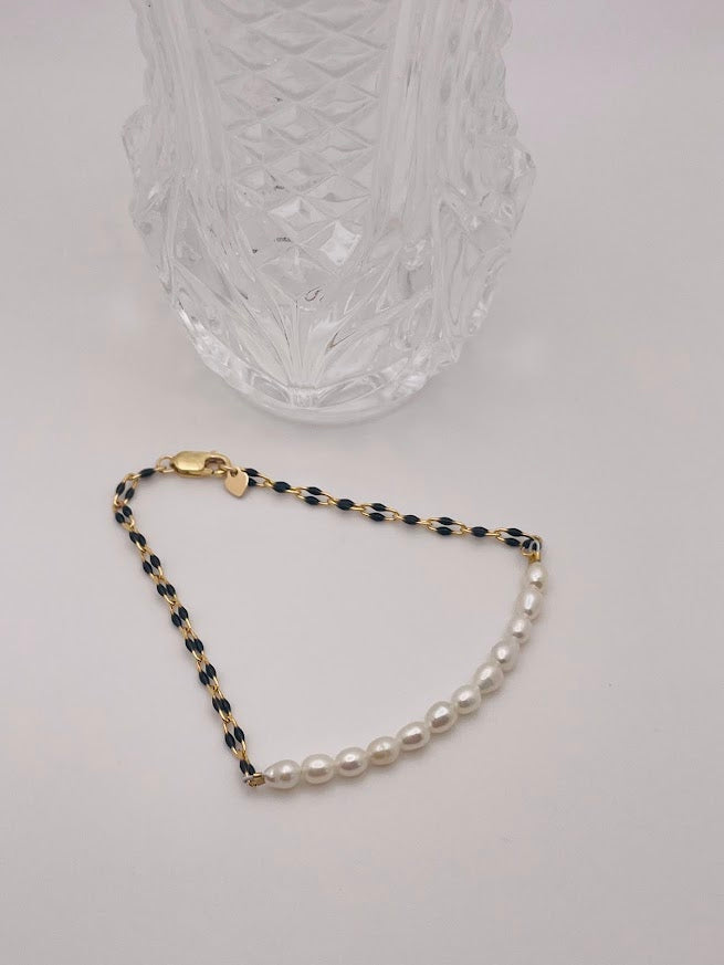 Gold-Filled Black Enamel Chain & Mother of Pearl Bracelet (6.5 inches)