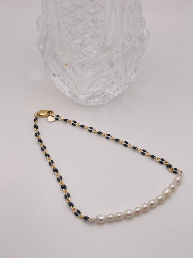 Gold-Filled  Black Enamel Chain & Mother of Pearl Bracelet (7.5 inches)