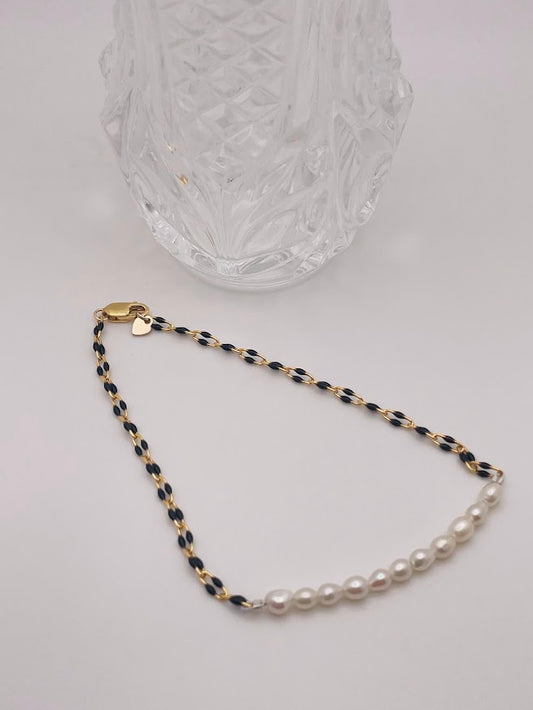 Gold-Filled  Black Enamel Chain & Mother of Pearl Bracelet (7.5 inches)