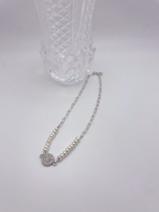 Sterling Silver Chain, Mother of Pearl and Sparkly Charm Bracelet (9.25 inches)