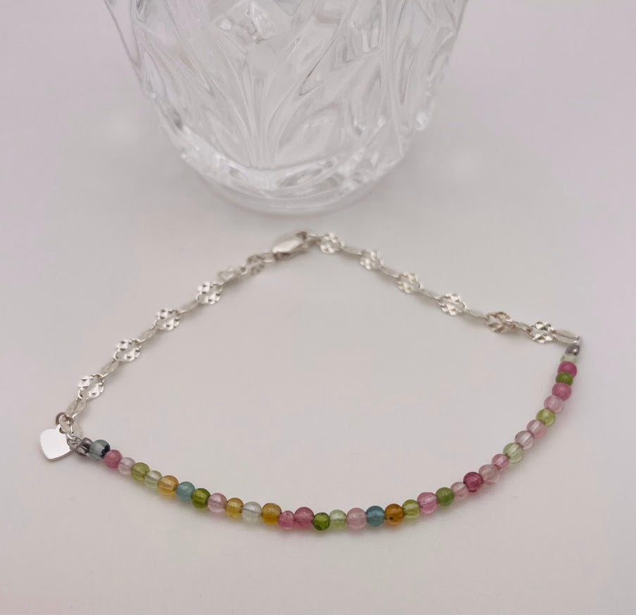 Sterling Silver Chain & Tourmaline Beaded Bracelet (7 inches)